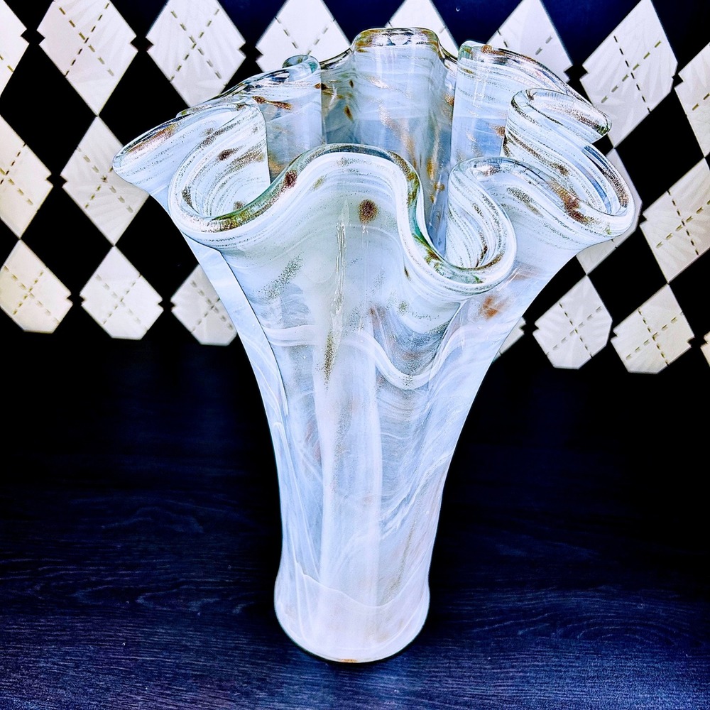 White Opaline Art Glass Vase 15" Ruffled Aventurine Statement - Picture 1 of 17
